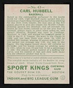 1933 Goudey Sport Kings #42 Carl Hubbell Baseball - Back