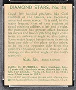 1934-1936 R327 Diamond Stars #39 Carl Hubbell (1935) New York Giants - Back