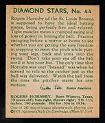 1934-1936 R327 Diamond Stars #44 Rogers Hornsby (1935) St. Louis Browns - Back