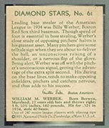 1934-1936 R327 Diamond Stars #61 Billie (Billy) Werber (1935) Boston Red Sox - Back