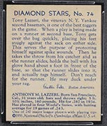 1934-1936 R327 Diamond Stars #74 Tony Lazzeri (1935, blue back) New York Yankees - Back