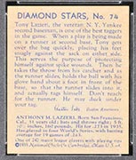 1934-1936 R327 Diamond Stars #74 Tony Lazzeri (1936) New York Yankees - Back