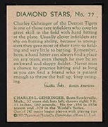 1934-1936 R327 Diamond Stars #77 Charlie Gehringer (1935, green back) Detroit Tigers - Back