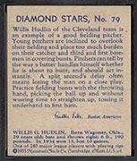 1934-1936 R327 Diamond Stars #79 Willis Hudlin (1935, blue back) Cleveland Indians - Back
