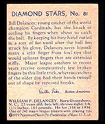 1934-1936 R327 Diamond Stars #81 Bill Delancey (1935, blue back) St. Louis Cardinals - Back