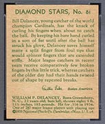 1934-1936 R327 Diamond Stars #81 Bill Delancey (1935, green back) St. Louis Cardinals - Back