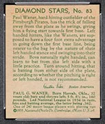 1934-1936 R327 Diamond Stars #83 Paul Waner (1935, green back) Pittsburgh Pirates - Back
