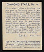 1934-1936 R327 Diamond Stars #92 Ethan Allen (1936) Philadelphia Phillies - Back