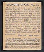 1934-1936 R327 Diamond Stars #93 Alvin Crowder (1936) Detroit Tigers - Back