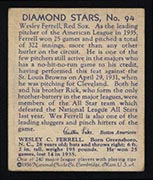 1934-1936 R327 Diamond Stars #94 Wes Ferrell (1936) Boston Red Sox - Back