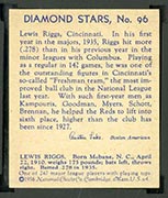 1934-1936 R327 Diamond Stars #96 Lew Riggs (1936) Cincinnati Reds - Back