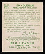 1934 Goudey #28 Ed Coleman Philadelphia Athletics - Back