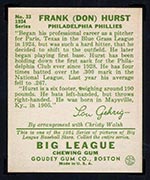 1934 Goudey #33 Frank (Don) Hurst Philadelphia Phillies - Back