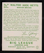 1934 Goudey #36 Walter (Huck) Betts Boston Braves - Back