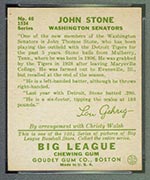 1934 Goudey #40 John Stone Washington Senators - Back