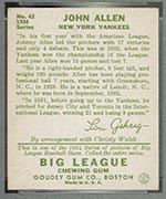 1934 Goudey #42 John Allen New York Yankees - Back