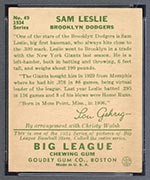 1934 Goudey #49 Sam Leslie Brooklyn Dodgers - Back