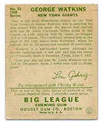 1934 Goudey #53 George Watkins New York Giants - Back