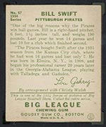 1934 Goudey #57 Bill Swift Pittsburgh Pirates - Back