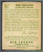 1934 Goudey #67 Bob Weiland Cleveland Indians - Back