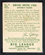 1934 Goudey #70 Ervin (Pete) Fox Detroit Tigers - Back