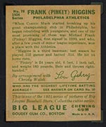 1934 Goudey #78 Frank (Pinkey) Higgins Philadelphia Athletics - Back