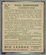 1934 Goudey #84 Paul Derringer Cincinnati Reds - Back