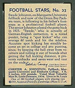 1935 National Chicle #32 Chester “Swede” Johnston Green Bay Packers - Back