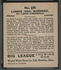 1936 V355 World Wide Gum #100 Lonnie Warneke St. Louis Cardinals - Back