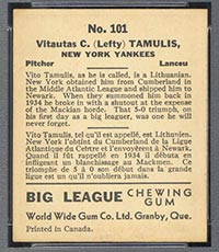 1936 V355 World Wide Gum #101 “Lefty” Tamulis New York Yankees - Back