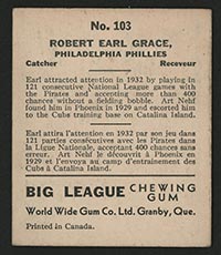1936 V355 World Wide Gum #103 Earl Grace Philadelphia Phillies - Back
