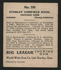 1936 V355 World Wide Gum #105 Stan Hack Chicago Cubs - Back