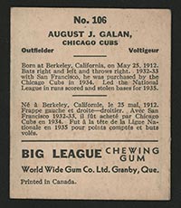 1936 V355 World Wide Gum #106 August Galan Chicago Cubs - Back