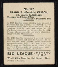 1936 V355 World Wide Gum #107 Frank Frisch St. Louis Cardinals - Back