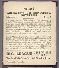 1936 V355 World Wide Gum #108 Bill McKechnie Boston Bees - Back