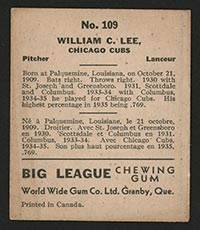 1936 V355 World Wide Gum #109 Bill Lee Chicago Cubs - Back