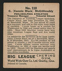 1936 V355 World Wide Gum #110 Connie Mack Philadelphia Athletics - Back
