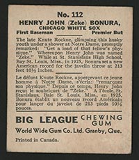 1936 V355 World Wide Gum #112 Zeke Bonura Chicago White Sox - Back