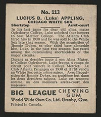 1936 V355 World Wide Gum #113 Luke Appling Chicago White Sox - Back