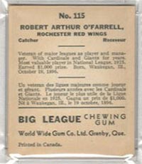 1936 V355 World Wide Gum #115 Bob O'Farrell Rochester Red Wings - Back