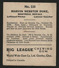 1936 V355 World Wide Gum #116 Marvin Duke Montreal Royals - Back