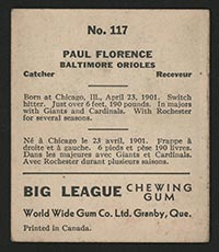1936 V355 World Wide Gum #117 Paul Florence Baltimore Orioles - Back