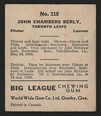 1936 V355 World Wide Gum #118 John Berley Toronto Leafs - Back