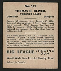 1936 V355 World Wide Gum #119 Tom Oliver Toronto Leafs - Back