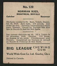 1936 V355 World Wide Gum #120 Norman Kies Montreal Royals - Back