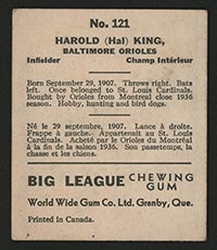 1936 V355 World Wide Gum #121 Hal King Baltimore Orioles - Back
