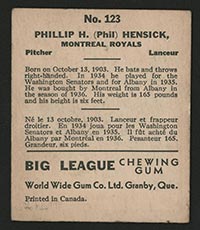 1936 V355 World Wide Gum #123 Phil Hensick Montreal Royals - Back