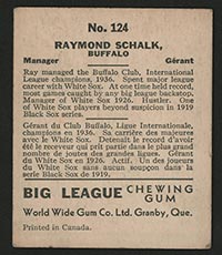 1936 V355 World Wide Gum #124 Roy (Ray) Schalk Buffalo Bisons - Back