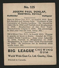 1936 V355 World Wide Gum #125 Paul Dunlap Montreal Royals - Back