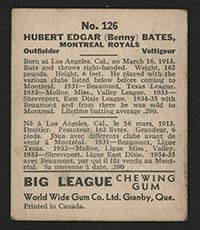 1936 V355 World Wide Gum #126 Benny Bates Montreal Royals - Back